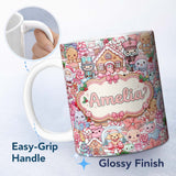 Personalized Custom Name Cute Kawaii Christmas Gingerbread Candy Characters Soft White 11oz Ceramic Coffee Tea Mug White Large Handle
