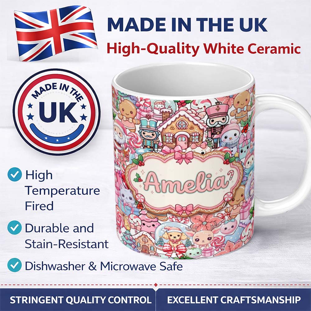 Personalized Custom Name Cute Kawaii Christmas Gingerbread Candy Characters Soft White 11oz Ceramic Coffee Tea Mug White Large Handle