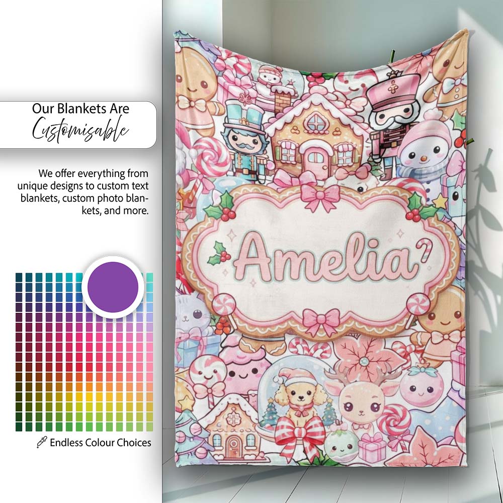 Cute Kawaii Christmas Gingerbread Candy Characters Soft White  Personalised Custom Name Super Soft Fleece Blanket Bed Sofa Throw