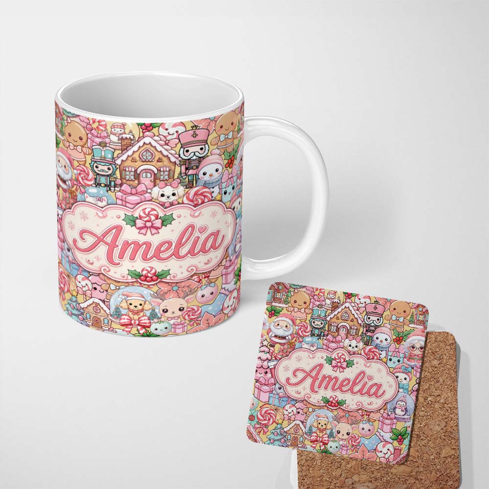 Personalized Custom Name Cute Kawaii Christmas Gingerbread Candy Characters Warm Beige 11oz Ceramic Coffee Tea Mug White Large Handle
