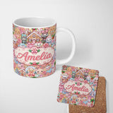 Personalized Custom Name Cute Kawaii Christmas Gingerbread Candy Characters Warm Beige 11oz Ceramic Coffee Tea Mug White Large Handle