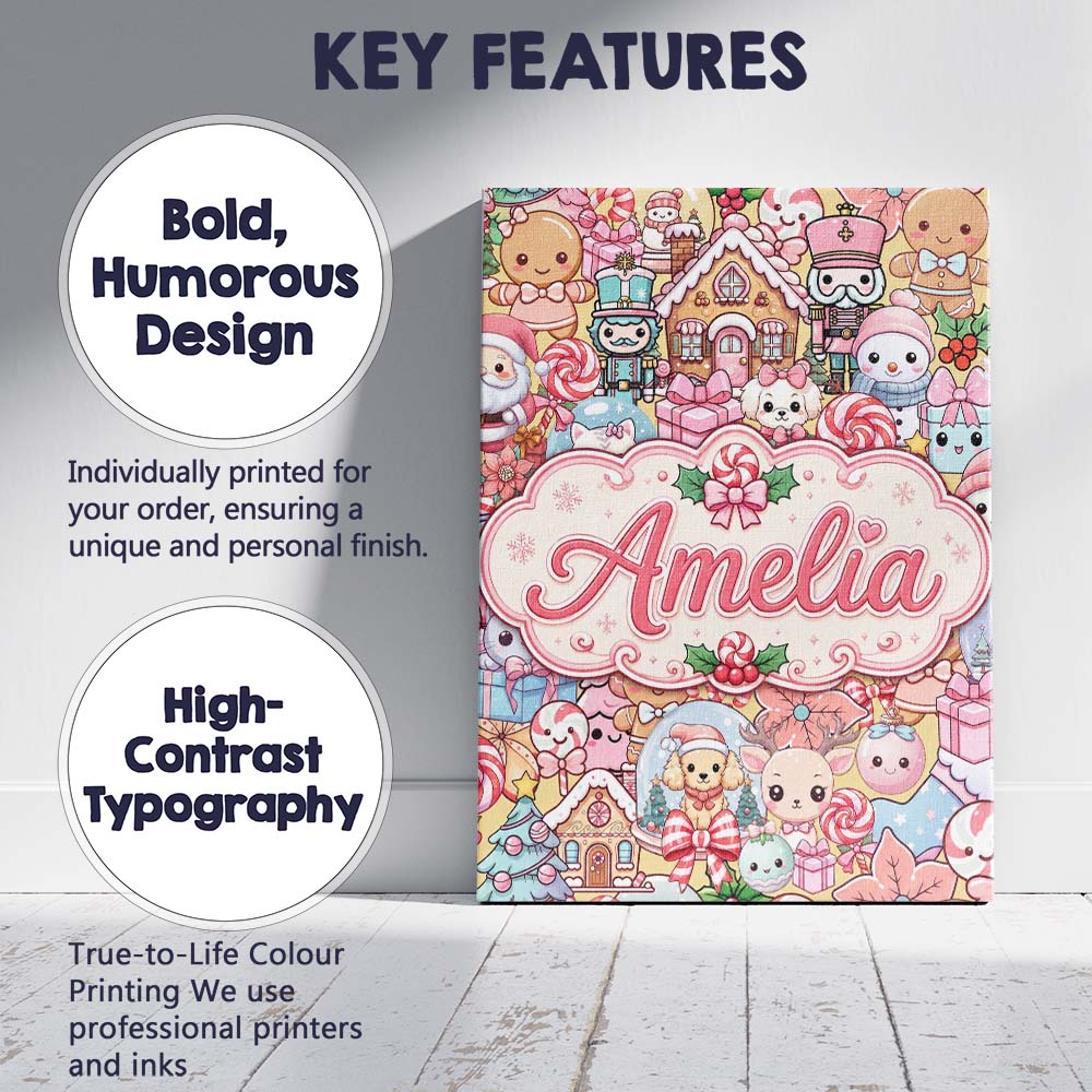 Personalised Name Cute Kawaii Christmas Custom  Modern Room Accent Elegant Feature Canvas Wall Art Print Decor Picture Ready to Hang