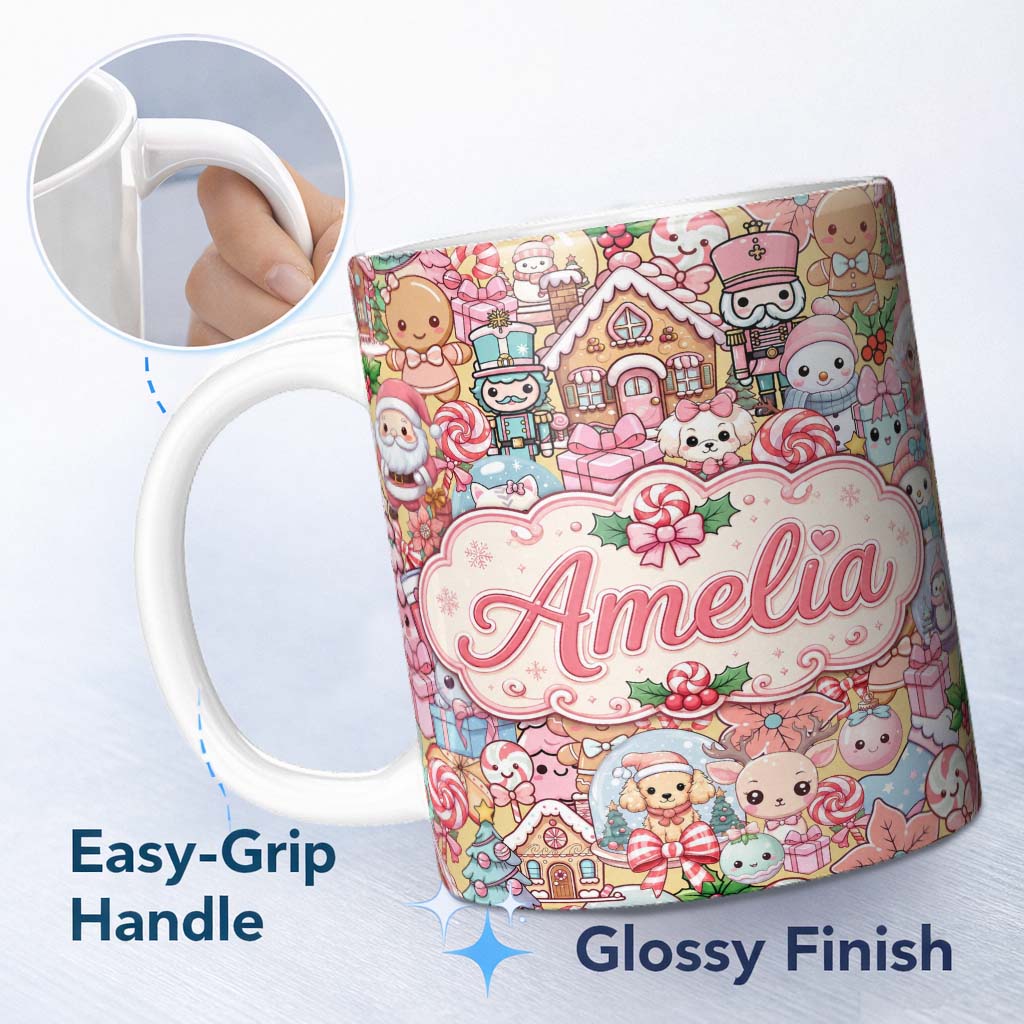 Personalized Custom Name Cute Kawaii Christmas Gingerbread Candy Characters Warm Beige 11oz Ceramic Coffee Tea Mug White Large Handle