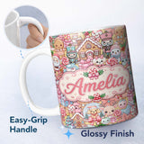 Personalized Custom Name Cute Kawaii Christmas Gingerbread Candy Characters Warm Beige 11oz Ceramic Coffee Tea Mug White Large Handle