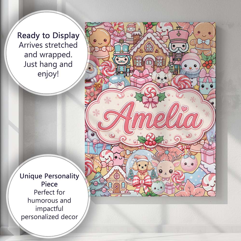 Personalised Name Cute Kawaii Christmas Custom  Modern Room Accent Elegant Feature Canvas Wall Art Print Decor Picture Ready to Hang
