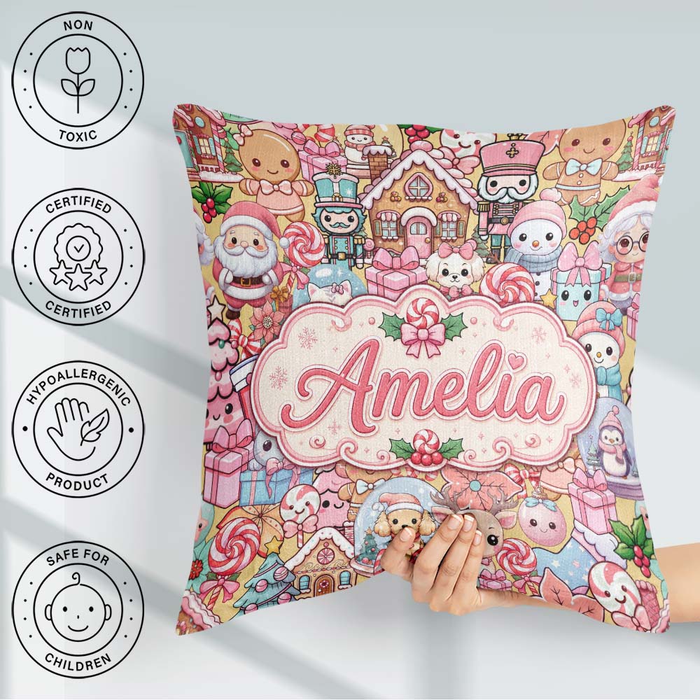Custom Name Cute Kawaii Gingerbread Candy Characters Warm Beige Square Filled Cushion Throw Pillow Sofa Bed Home Decor Zip Washable UK Made