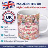 Personalized Custom Name Cute Kawaii Christmas Gingerbread Candy Characters Warm Beige 11oz Ceramic Coffee Tea Mug White Large Handle