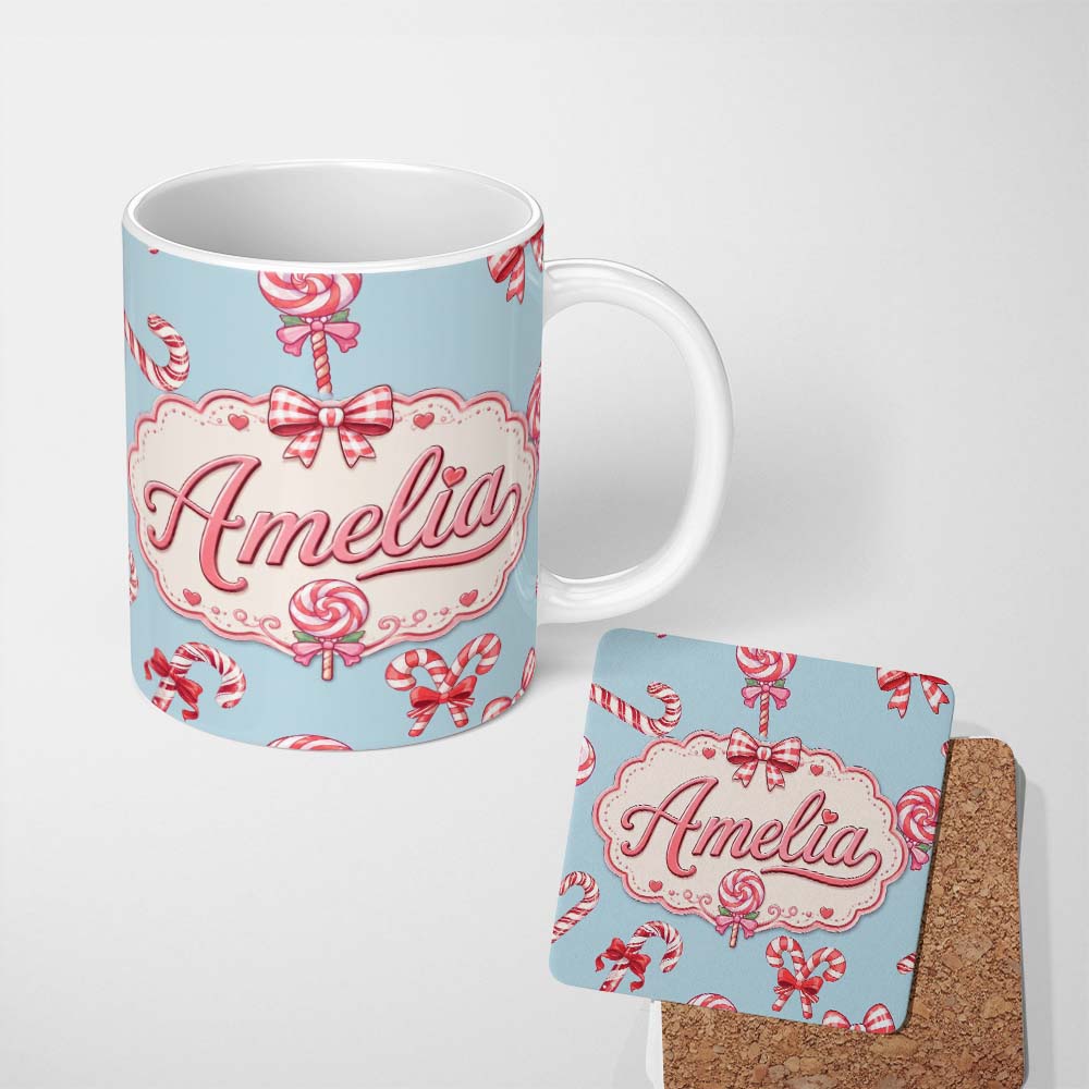 Personalized Custom Name Cute Christmas Candy Cane Ribbon Bow Blue Background Seamless 11oz Ceramic Coffee Tea Mug White Large Handle