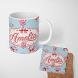 Personalized Custom Name Cute Christmas Candy Cane Ribbon Bow Blue Background Seamless 11oz Ceramic Coffee Tea Mug White Large Handle