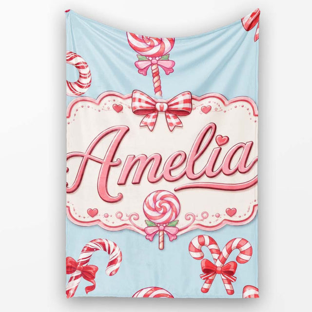 Cute Christmas Candy Cane Ribbon Bow Blue Background Seamless  Personalised Custom Name Super Soft Fleece Blanket Bed Sofa Throw