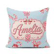 Custom Name Cute Christmas Candy Cane Ribbon Bow Blue Background Square Filled Cushion Throw Pillow Sofa Bed Home Decor Zip Washable UK Made