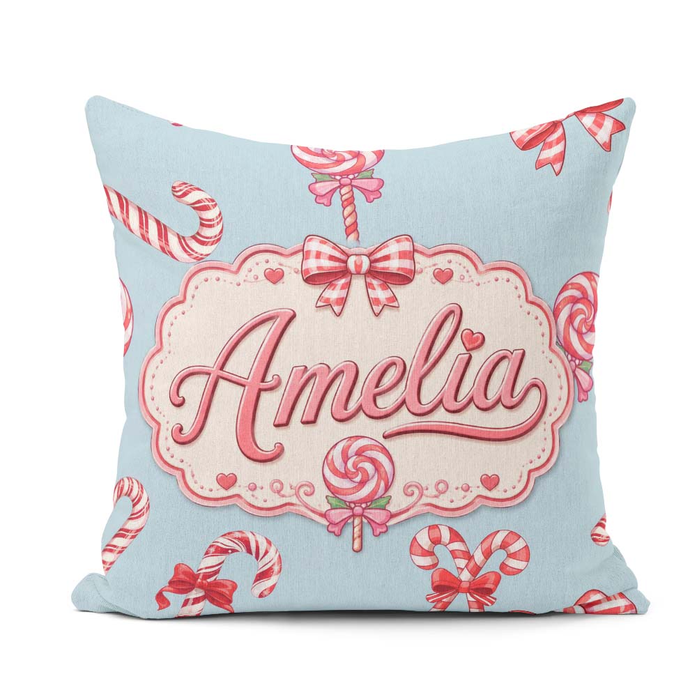 Custom Name Cute Christmas Candy Cane Ribbon Bow Blue Background Square Filled Cushion Throw Pillow Sofa Bed Home Decor Zip Washable UK Made