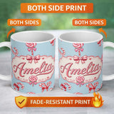 Personalized Custom Name Cute Christmas Candy Cane Ribbon Bow Blue Background Seamless 11oz Ceramic Coffee Tea Mug White Large Handle