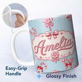 Personalized Custom Name Cute Christmas Candy Cane Ribbon Bow Blue Background Seamless 11oz Ceramic Coffee Tea Mug White Large Handle