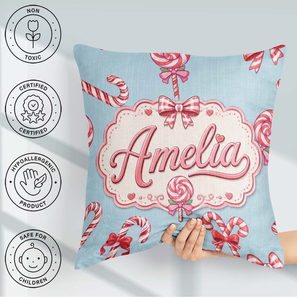 Custom Name Cute Christmas Candy Cane Ribbon Bow Blue Background Square Filled Cushion Throw Pillow Sofa Bed Home Decor Zip Washable UK Made