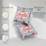 Custom Name Cute Christmas Candy Cane Ribbon Bow Blue Background Square Filled Cushion Throw Pillow Sofa Bed Home Decor Zip Washable UK Made