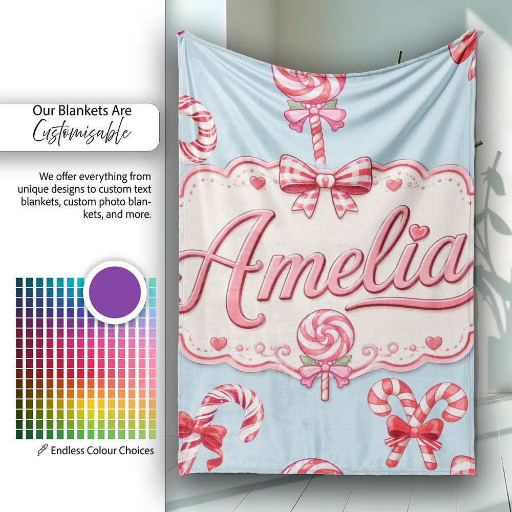 Cute Christmas Candy Cane Ribbon Bow Blue Background Seamless  Personalised Custom Name Super Soft Fleece Blanket Bed Sofa Throw