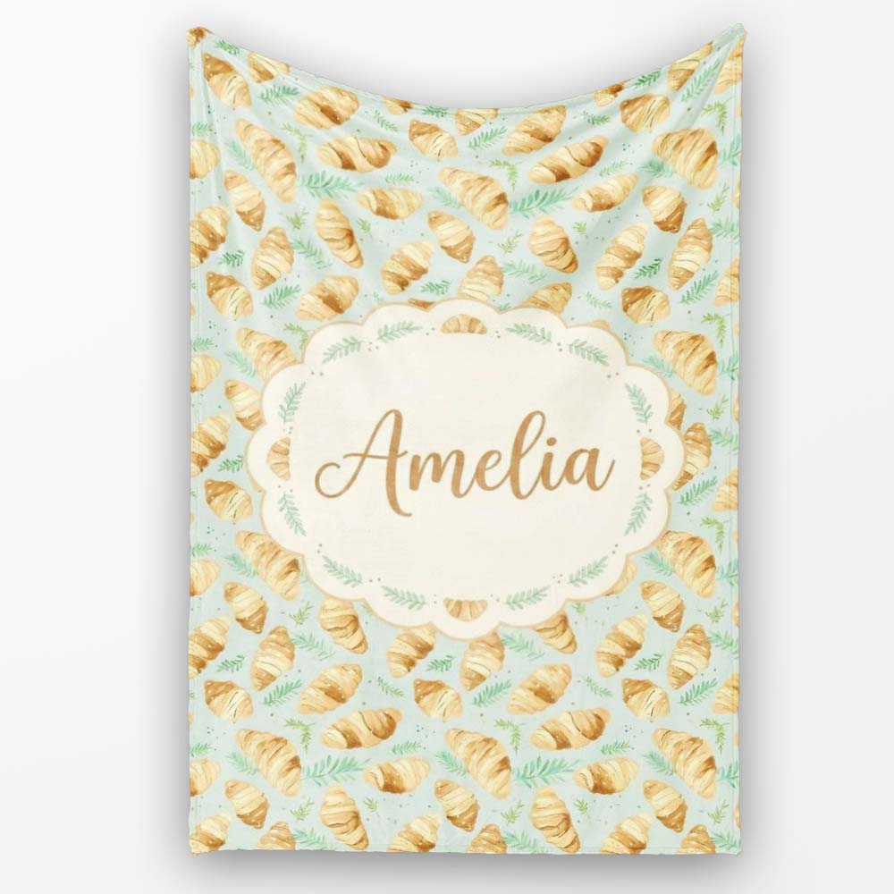 Fresh Croissant and Herb Botanical Light Background Seamless Pattern  Personalised Custom Name Super Soft Fleece Blanket Bed Sofa Throw