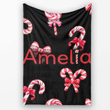 Cute Christmas Candy Cane Ribbon Bow Black Background Seamless  Personalised Custom Name Super Soft Fleece Blanket Bed Sofa Throw
