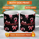 Personalized Custom Name Cute Christmas Candy Cane Ribbon Bow Black Background Seamless 11oz Ceramic Coffee Tea Mug White Large Handle