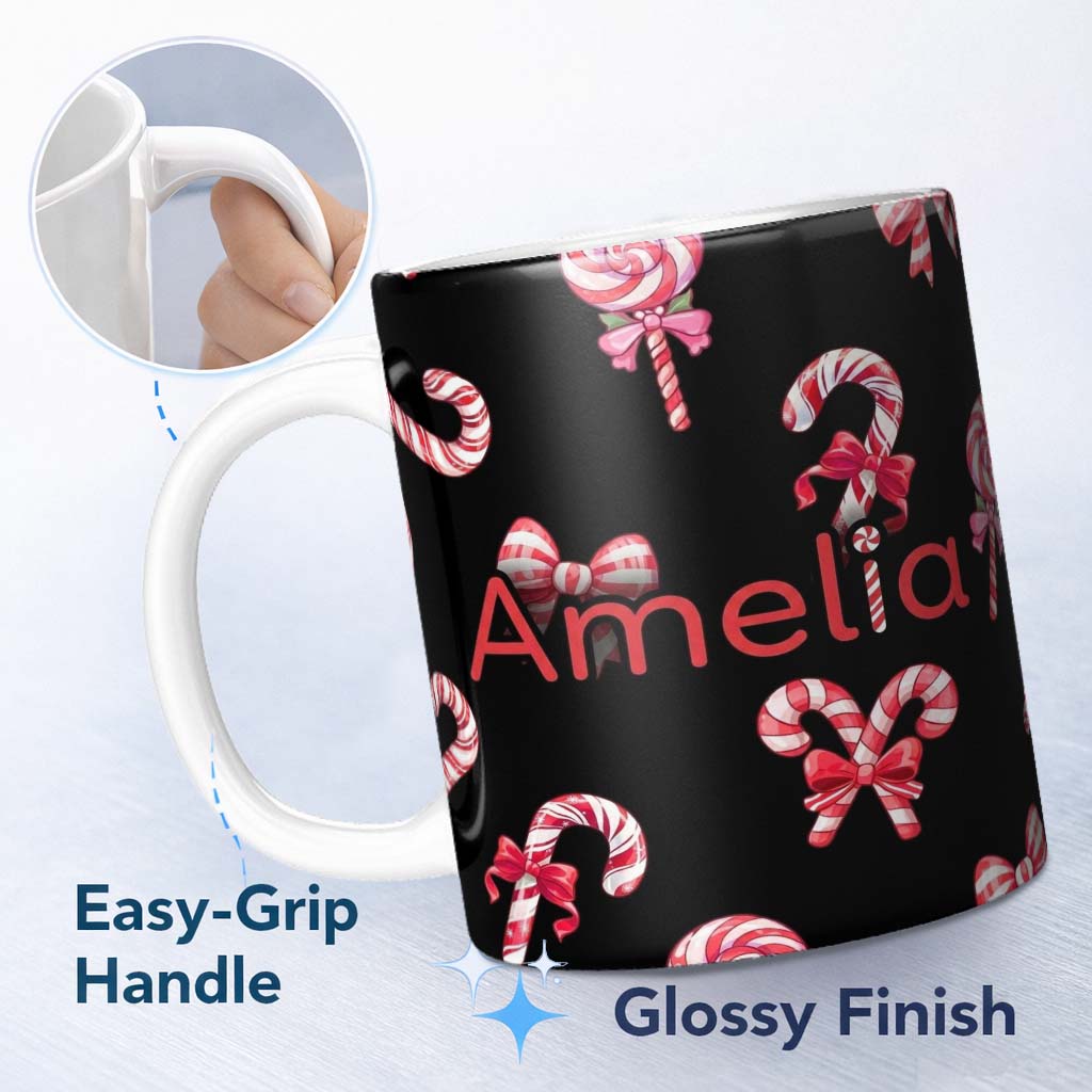 Personalized Custom Name Cute Christmas Candy Cane Ribbon Bow Black Background Seamless 11oz Ceramic Coffee Tea Mug White Large Handle