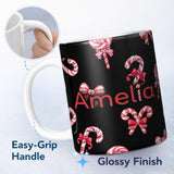 Personalized Custom Name Cute Christmas Candy Cane Ribbon Bow Black Background Seamless 11oz Ceramic Coffee Tea Mug White Large Handle