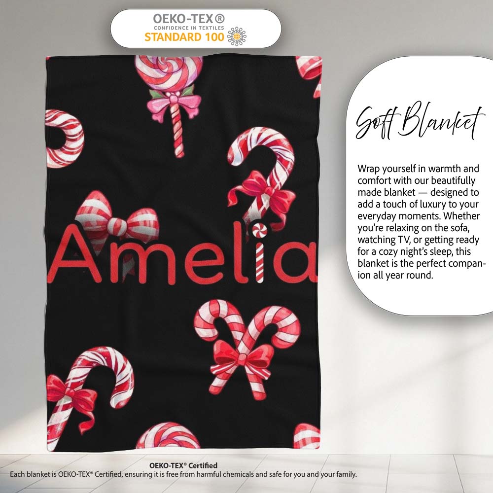 Cute Christmas Candy Cane Ribbon Bow Black Background Seamless  Personalised Custom Name Super Soft Fleece Blanket Bed Sofa Throw