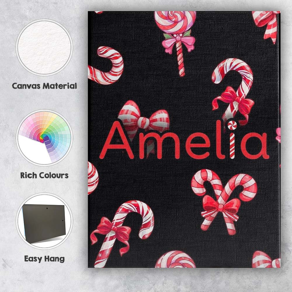 Personalised Name Cute Christmas Candy Cane Custom  Bespoke Interior Contemporary Canvas Wall Art Print Decor Picture Ready to Hang