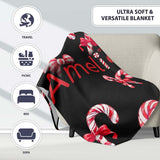 Cute Christmas Candy Cane Ribbon Bow Black Background Seamless  Personalised Custom Name Super Soft Fleece Blanket Bed Sofa Throw