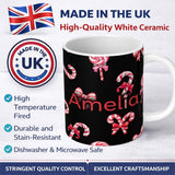Personalized Custom Name Cute Christmas Candy Cane Ribbon Bow Black Background Seamless 11oz Ceramic Coffee Tea Mug White Large Handle