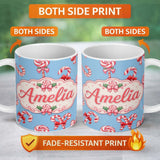 Personalized Custom Name Cute Christmas Candy Cane Ribbon Bow Light Blue Seamless Pattern 11oz Ceramic Coffee Tea Mug White Large Handle