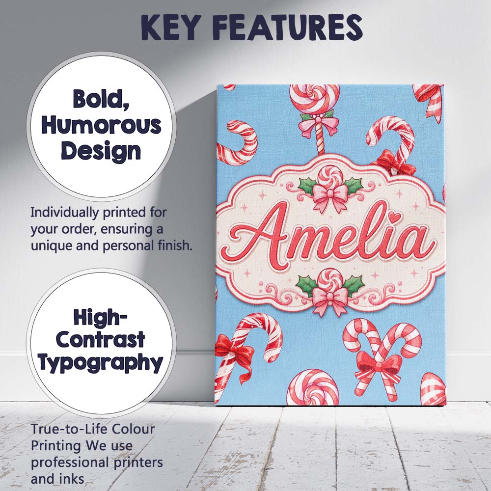 Personalised Name Cute Christmas Candy Cane Custom  Bespoke Interior Contemporary Canvas Wall Art Print Decor Picture Ready to Hang