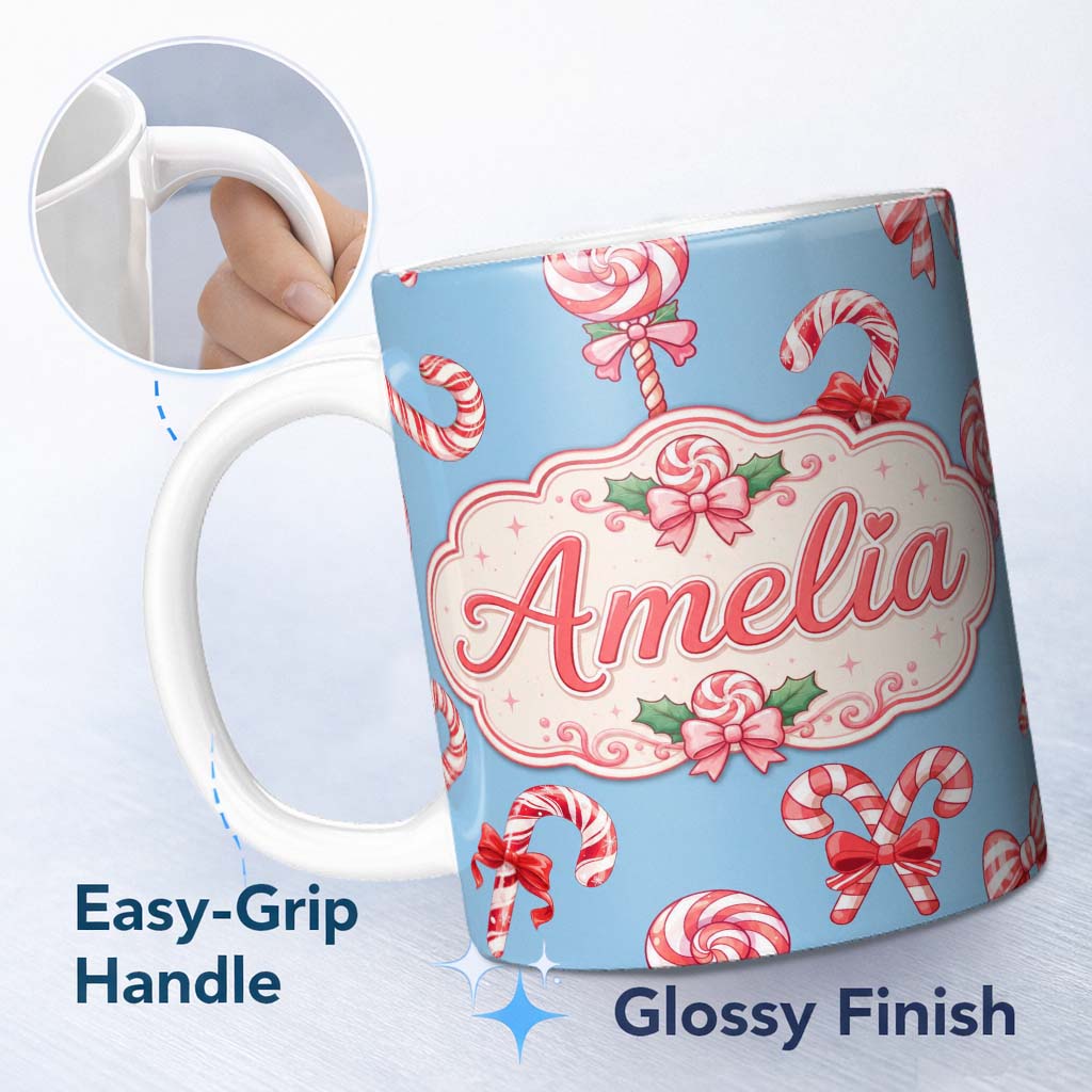 Personalized Custom Name Cute Christmas Candy Cane Ribbon Bow Light Blue Seamless Pattern 11oz Ceramic Coffee Tea Mug White Large Handle