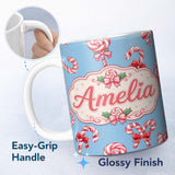 Personalized Custom Name Cute Christmas Candy Cane Ribbon Bow Light Blue Seamless Pattern 11oz Ceramic Coffee Tea Mug White Large Handle