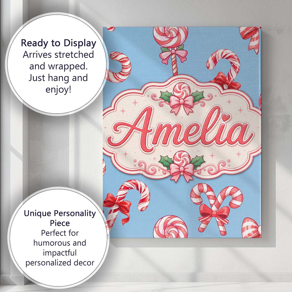 Personalised Name Cute Christmas Candy Cane Custom  Bespoke Interior Contemporary Canvas Wall Art Print Decor Picture Ready to Hang