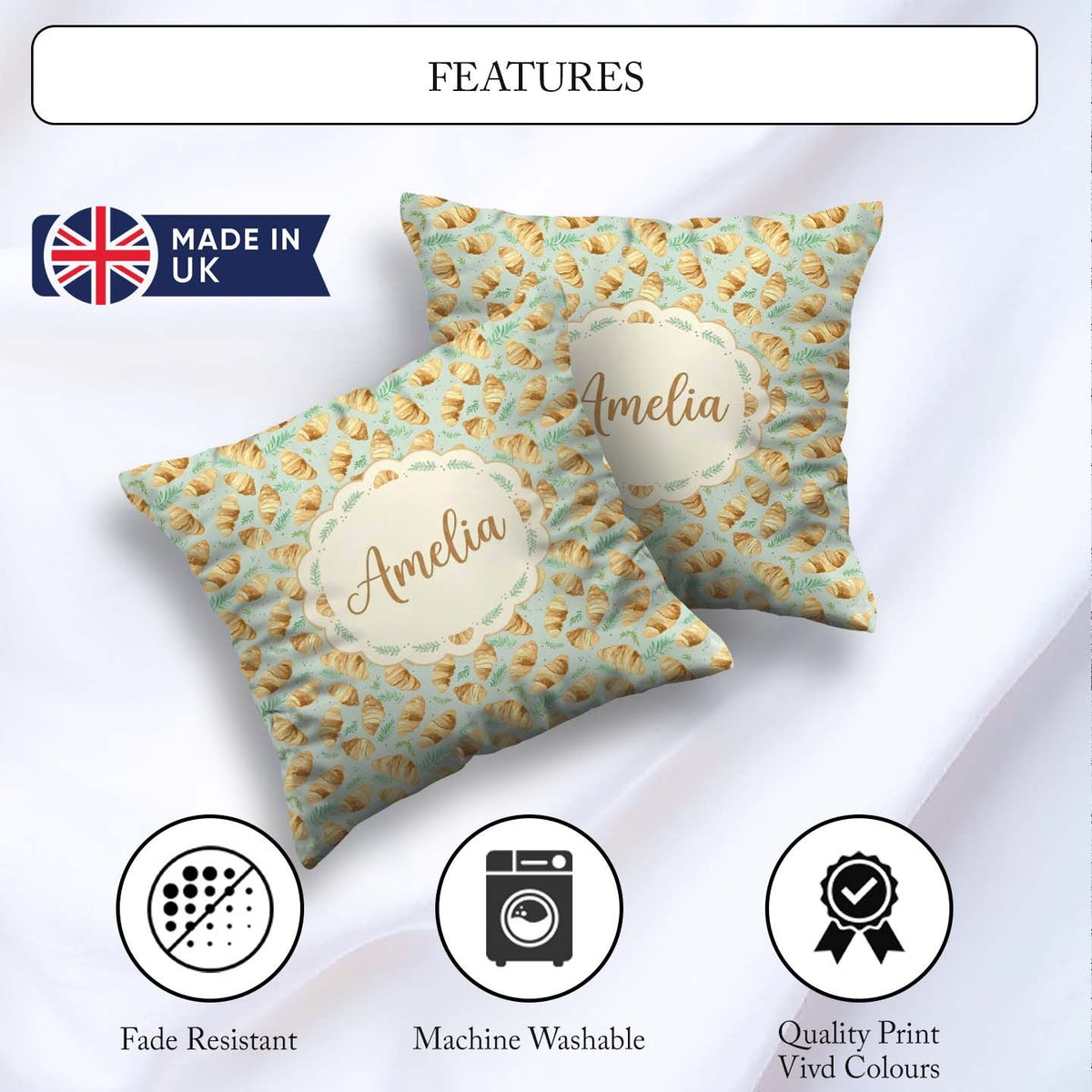 Custom Name Fresh Croissant and Botanical Light Seamless Pattern Square Filled Cushion Throw Pillow Sofa Bed Home Decor Zip Washable UK Made