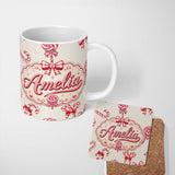 Personalized Custom Name Cute Christmas Candy Cane Ribbon Bow Neutral Beige Seamless Pattern 11oz Ceramic Coffee Tea Mug White Large Handle