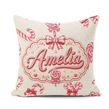 Custom Name Candy Cane Ribbon Bow Neutral Beige Seamless Pattern Square Filled Cushion Throw Pillow Sofa Bed Home Decor Zip Washable UK Made