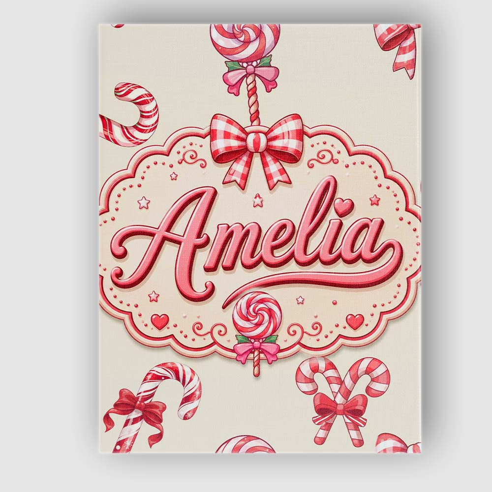 Personalised Name Cute Christmas Candy Cane Custom  Bespoke Interior Contemporary Canvas Wall Art Print Decor Picture Ready to Hang
