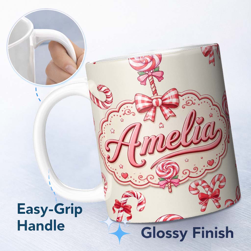 Personalized Custom Name Cute Christmas Candy Cane Ribbon Bow Neutral Beige Seamless Pattern 11oz Ceramic Coffee Tea Mug White Large Handle