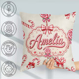 Custom Name Candy Cane Ribbon Bow Neutral Beige Seamless Pattern Square Filled Cushion Throw Pillow Sofa Bed Home Decor Zip Washable UK Made