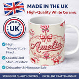 Personalized Custom Name Cute Christmas Candy Cane Ribbon Bow Neutral Beige Seamless Pattern 11oz Ceramic Coffee Tea Mug White Large Handle