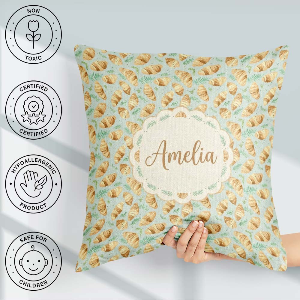 Custom Name Fresh Croissant and Botanical Light Seamless Pattern Square Filled Cushion Throw Pillow Sofa Bed Home Decor Zip Washable UK Made