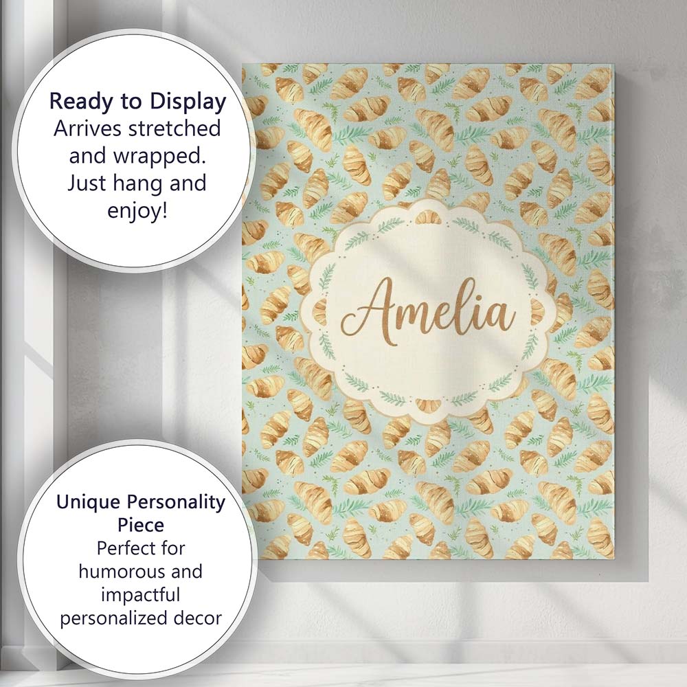 Personalised Name Fresh Croissant and Herb Botanical Light Background Custom Home Unique Canvas Wall Art Print Decor Picture Ready to Hang