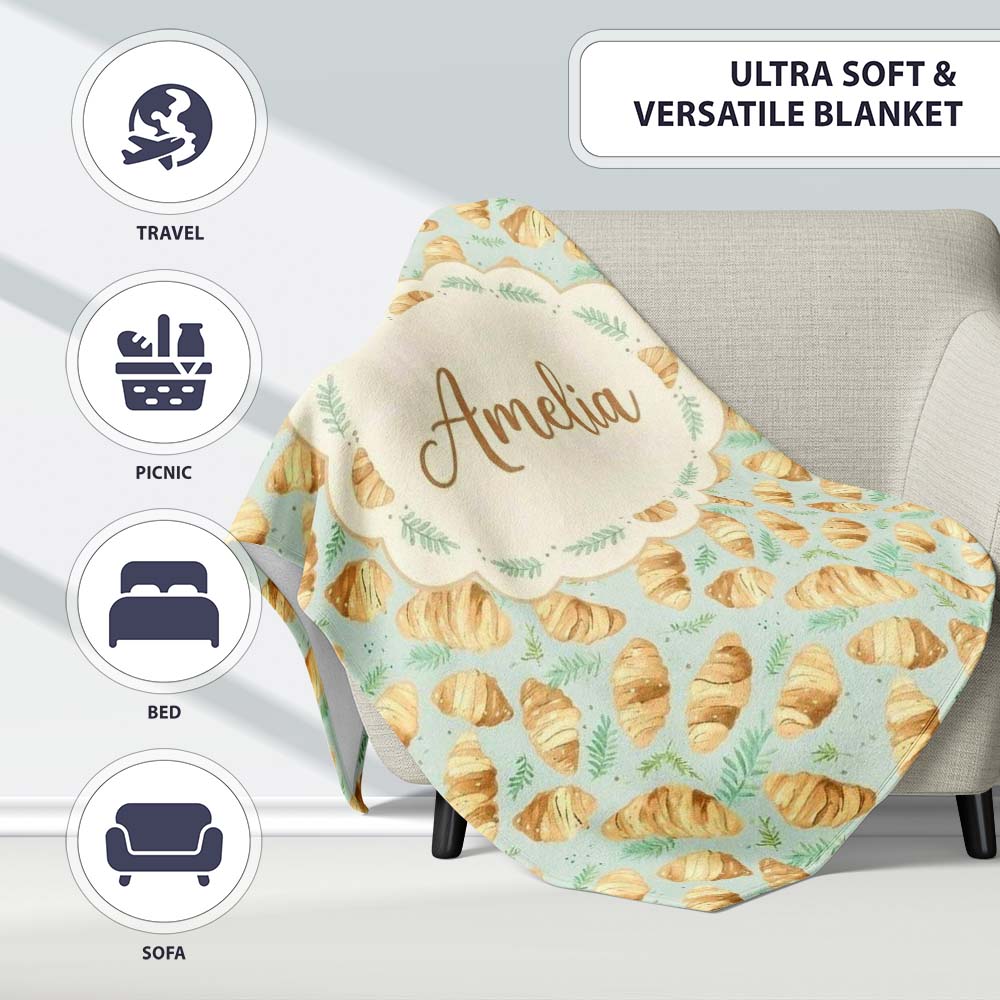 Fresh Croissant and Herb Botanical Light Background Seamless Pattern  Personalised Custom Name Super Soft Fleece Blanket Bed Sofa Throw