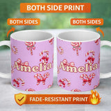 Personalized Custom Name Cute Christmas Candy Cane Ribbon Bow Soft Purple Seamless Pattern 11oz Ceramic Coffee Tea Mug White Large Handle