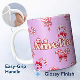 Personalized Custom Name Cute Christmas Candy Cane Ribbon Bow Soft Purple Seamless Pattern 11oz Ceramic Coffee Tea Mug White Large Handle