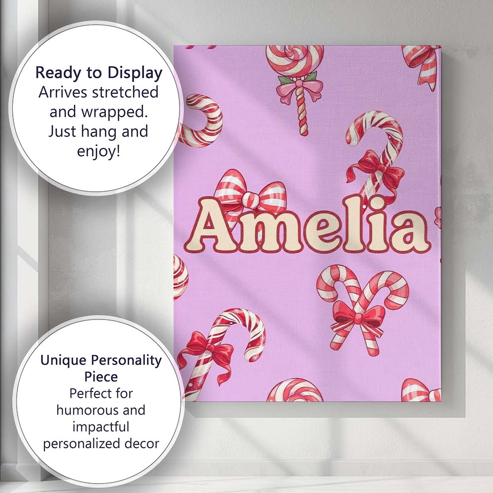 Personalised Name Cute Christmas Candy Cane Custom  Bespoke Interior Contemporary Canvas Wall Art Print Decor Picture Ready to Hang
