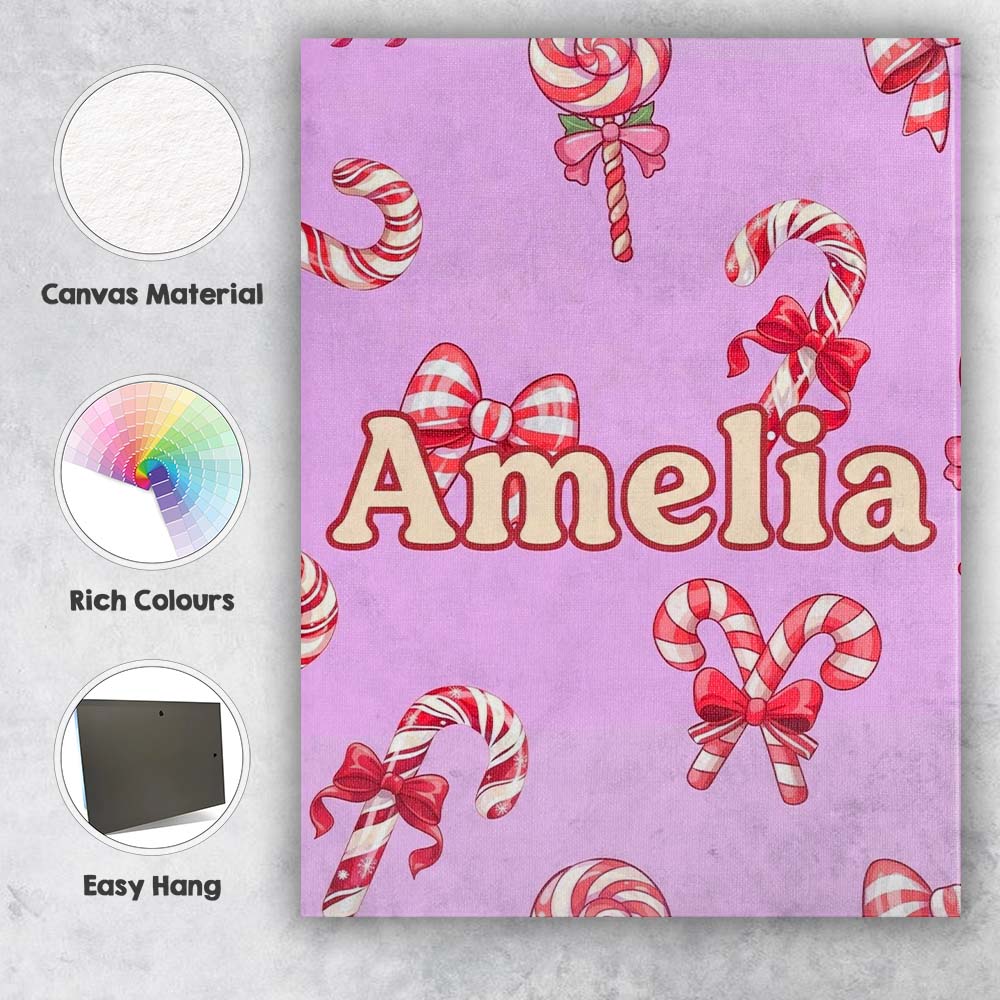 Personalised Name Cute Christmas Candy Cane Custom  Bespoke Interior Contemporary Canvas Wall Art Print Decor Picture Ready to Hang