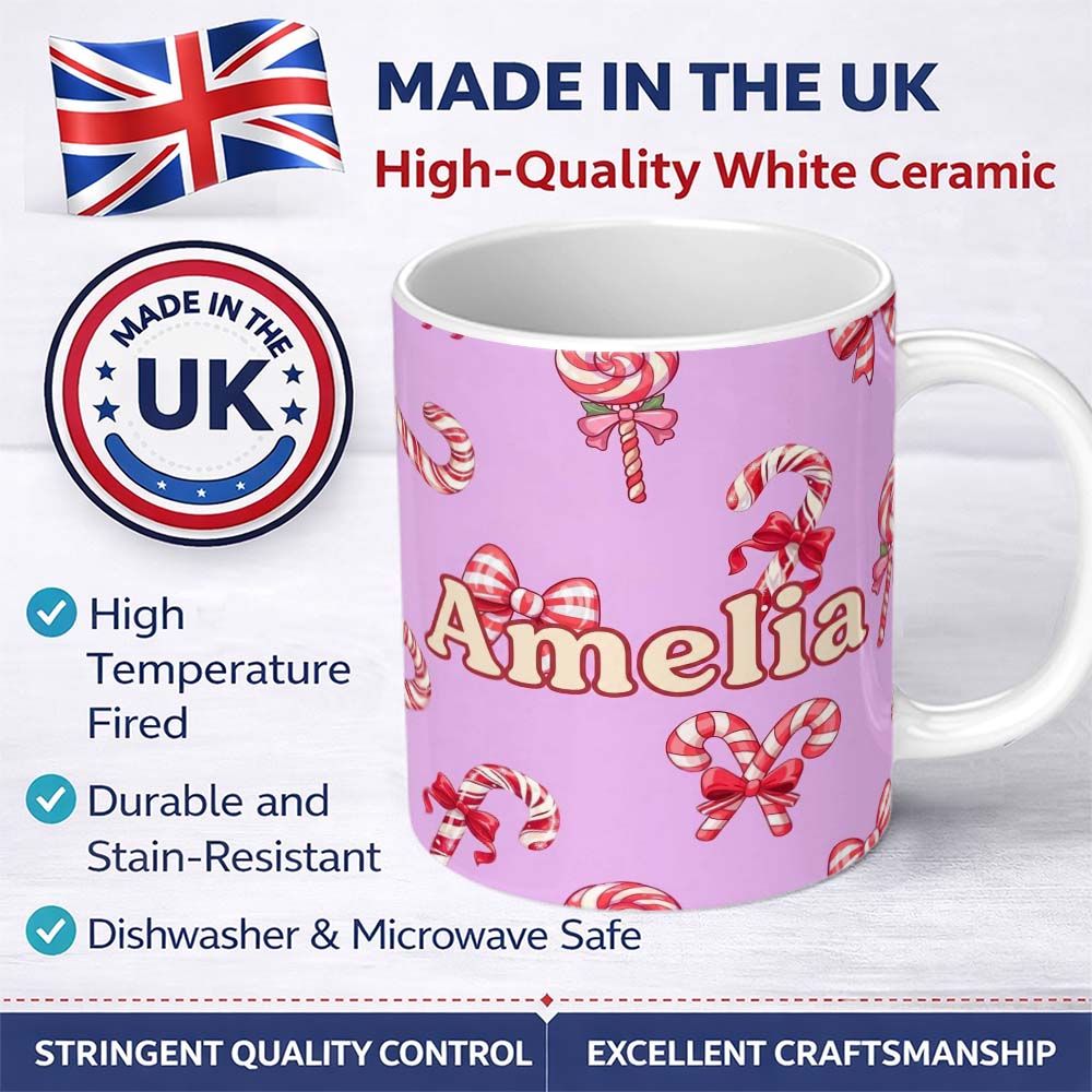 Personalized Custom Name Cute Christmas Candy Cane Ribbon Bow Soft Purple Seamless Pattern 11oz Ceramic Coffee Tea Mug White Large Handle